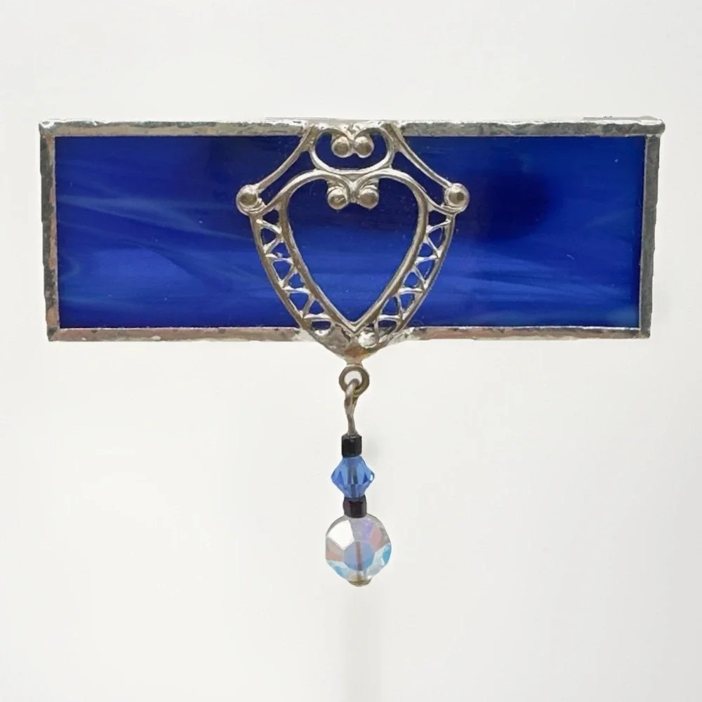 Artisan Stained Glass Brooch Victorian Style Blue & Silver Tone Dangle Pin 2